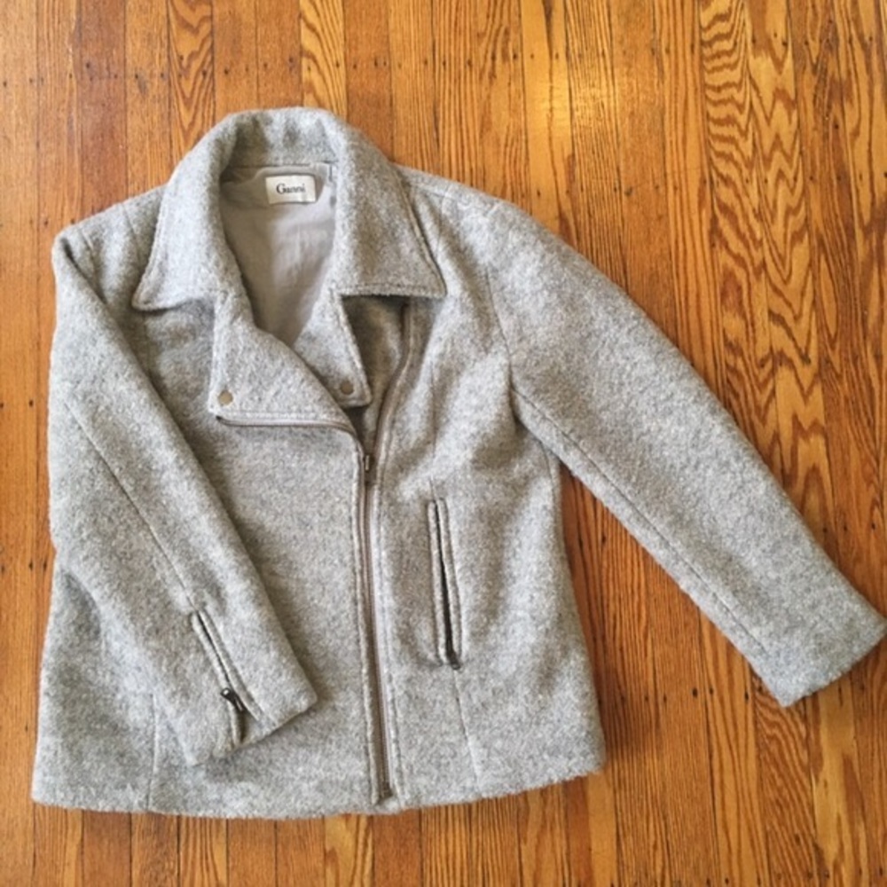 Ganni grey wool boucle moto jacket